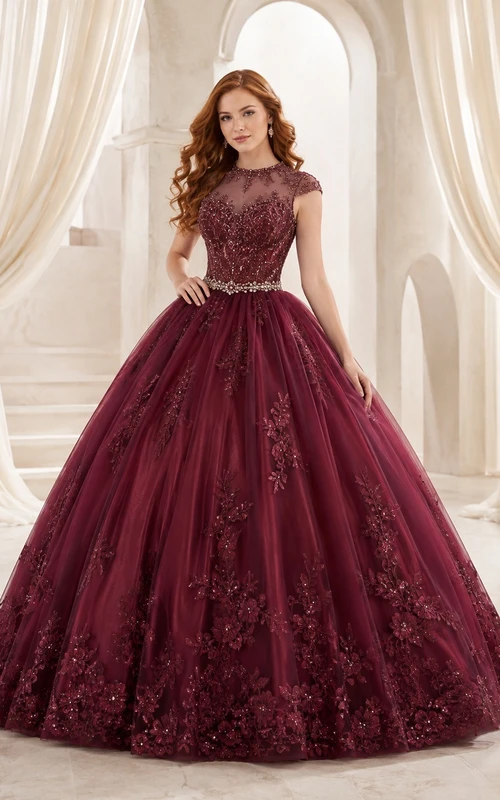 Burgundy Quinceanera Appliqued Ball Gown Jewel Lace Short Sleeve Floor-length Romantic Dress