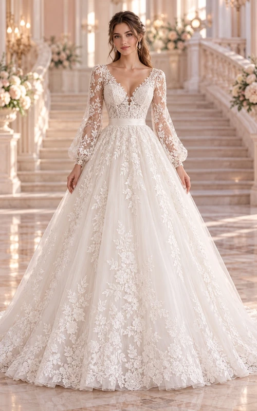 Long Poet Sleeve Plunging Lace Tulle Full A-Line Wedding Dress