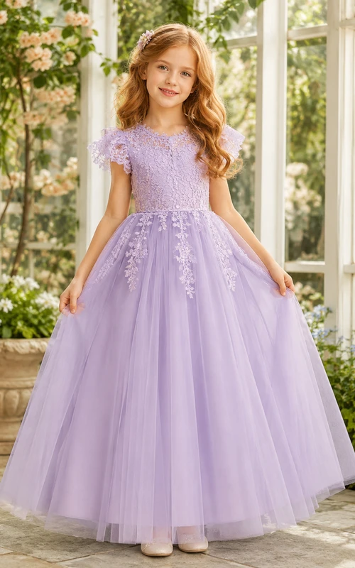 Pastel Tulle with Applique Bodice Lace A-Line Flower Girl Dress with Short Sleeves, Jewel Neck and Tea-Length Skirt