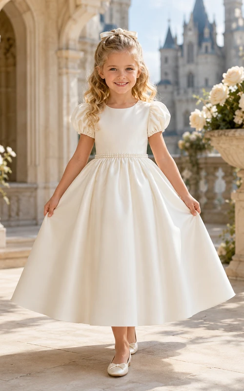 Robe de demoiselle d'honneur élégante en satin, coupe trapèze, manches bouffantes, longueur thé, style princesse, manches bouffantes.