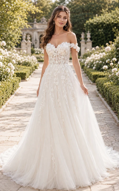 Robe de mariée en dentelle et tulle, coupe trapèze, épaules dénudées, traîne, dos nu en V