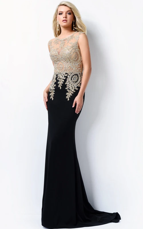 Robe fourreau longue sans manches à col rond en jersey illusion ornée de perles