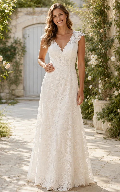 Robe de mariée vintage en dentelle et tulle, coupe trapèze, col rond, manches courtes, longueur thé