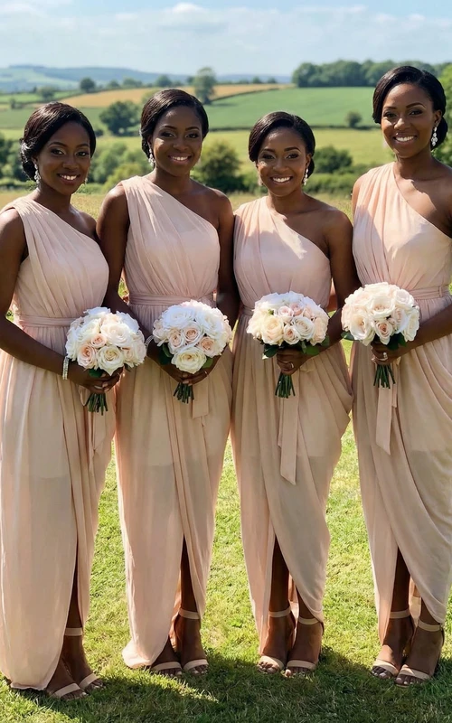 Einseitig schulterfreies, gerüschtes Chiffonkleid mit Schlitz