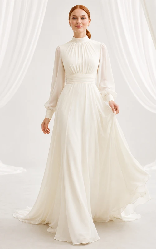 Modest High Neck Bishop Sleeve Chiffon LDS Bridal Gown