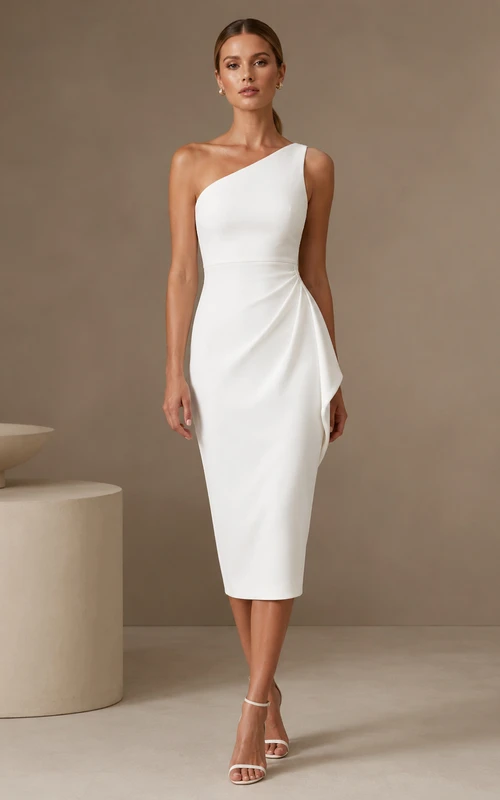 Asymmetric Midi White Sheath Tea-Length One-Shoulder Sleeveless Satin Modern Cocktail Dress