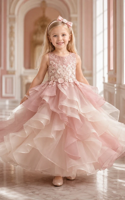 Vestido de princesa largo hasta el suelo para niña de las flores, vestido rosa rubor con encaje y volantes de pétalos.