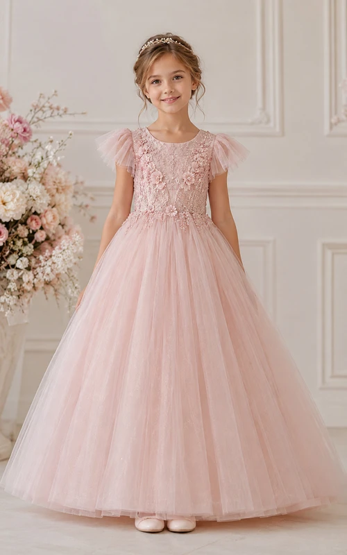 A-line Floor Length Cap Sleeve Tulle Lace Flower Girl Dress with Floral lace bodice and soft gathered tulle skirt
