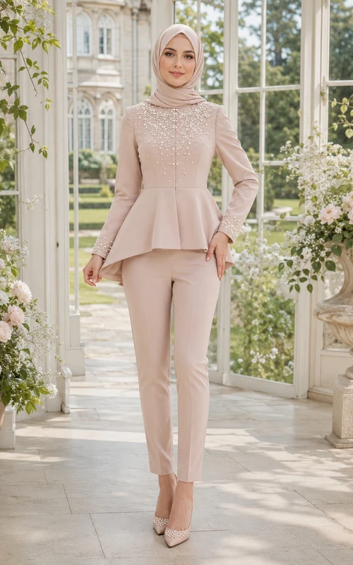 Blushing Pink Muslim Pearl Embellished Short Jacket Wedding Pantsuit