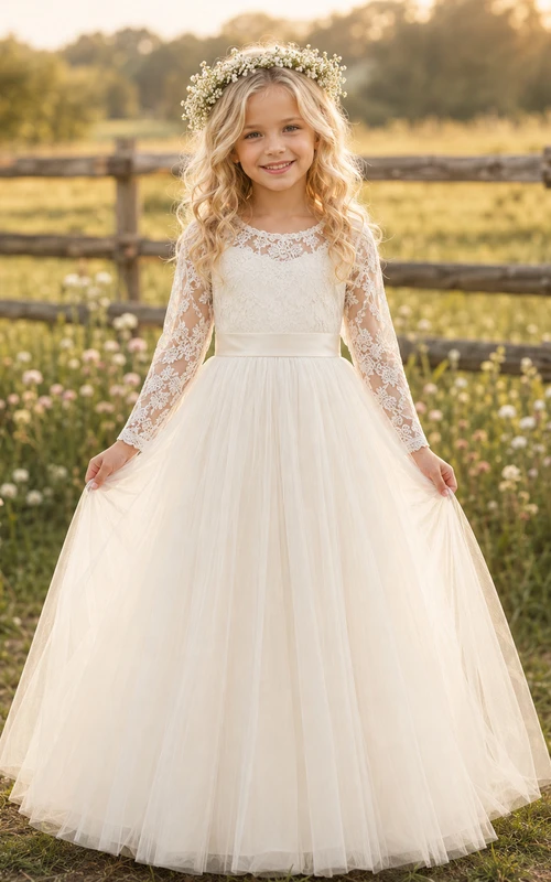 Robe de demoiselle d'honneur en dentelle ivoire et tulle, coupe trapèze, manches longues, col rond, longueur au sol
