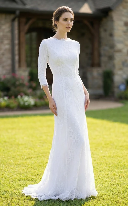 Robe de mariée en dentelle modeste à manches 3/4