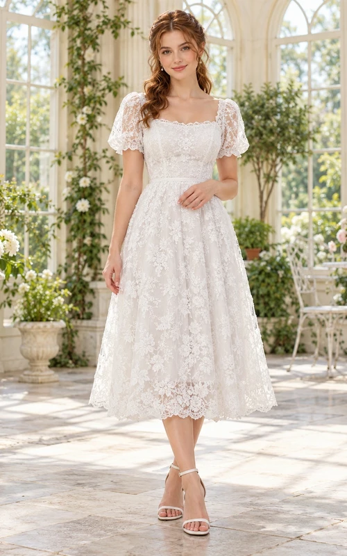 Robe de mariée trapèze en dentelle florale, longueur thé, col carré, manches papillon, col fleuri