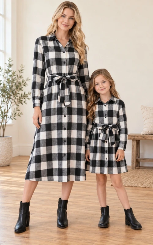 Modest Long Sleeve Black Check Button Front Belted Family Shirt Dress
