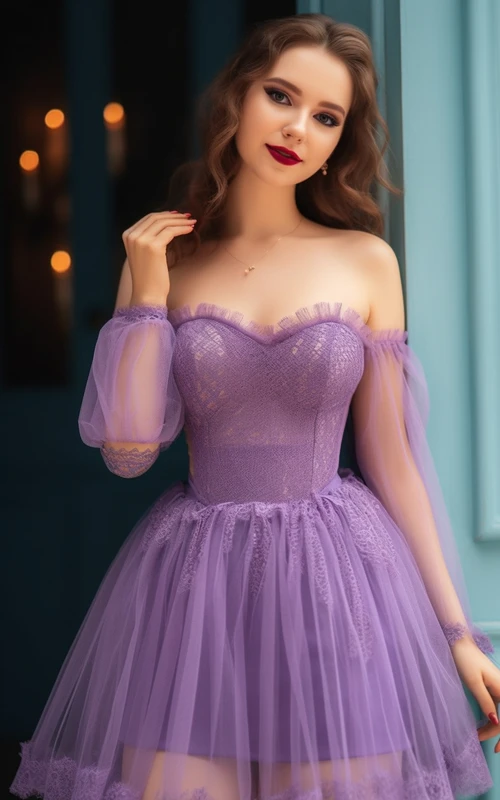 Robe de bal courte en tulle à épaules dénudées et manches bouffantes