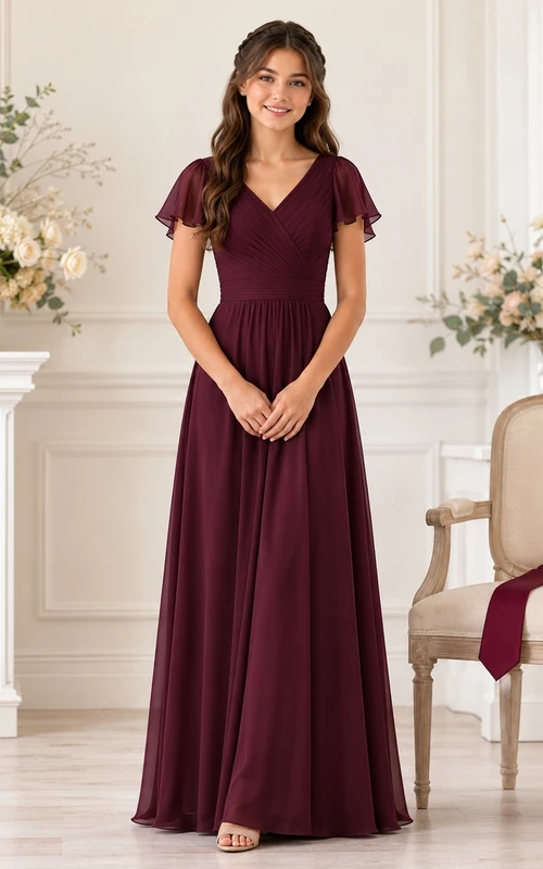 Robe de demoiselle d'honneur junior bordeaux, coupe trapèze, col en V, manches courtes, élégante