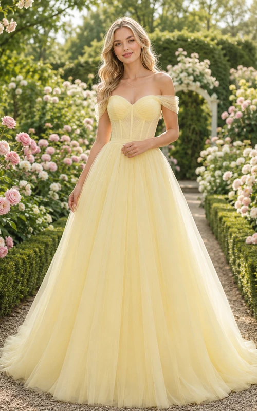 Yellow Strapless Tulle Spring Garden Ball Gown Bridal Dress