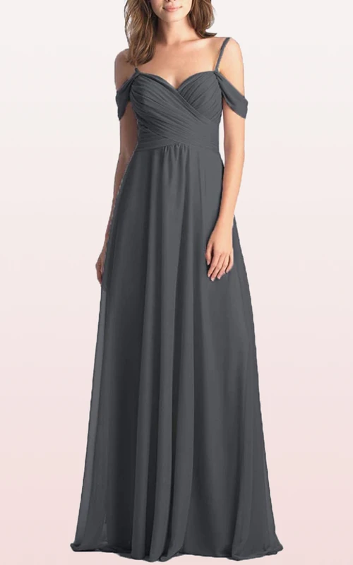 Vestido de dama de honor de gasa largo hasta el suelo, sin mangas, con escote palabra de honor y corte en A.