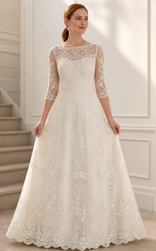 Robe de mariée minimaliste à fleurs, sobre et élégante, en dentelle, coupe trapèze, longueur au sol, manches trois-quarts, pour la mère de la mariée.