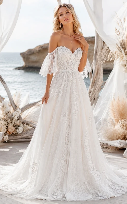 Bohemian Lace Off Shoulder Short Sleeve Sweep Train Gown