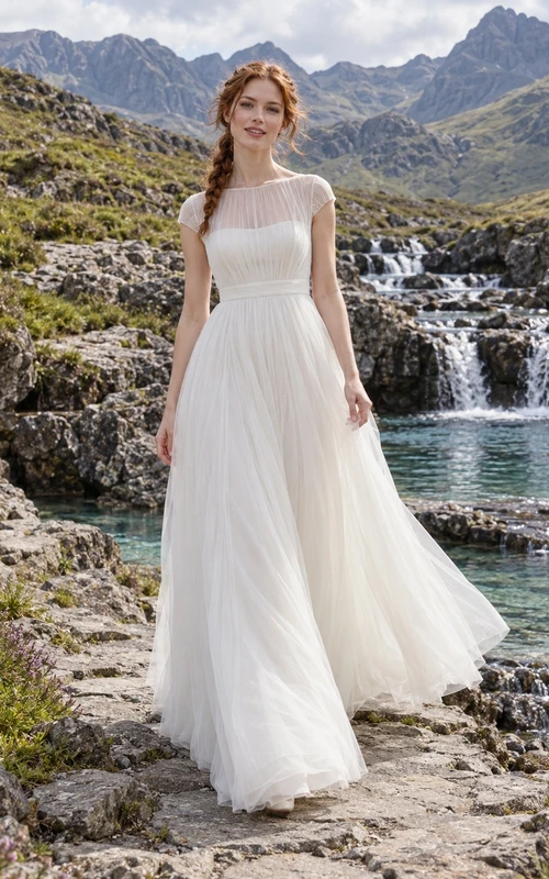 Sencillo vestido de novia de tul con corte en A, escote ilusión tipo barco y mangas cortas transparentes.