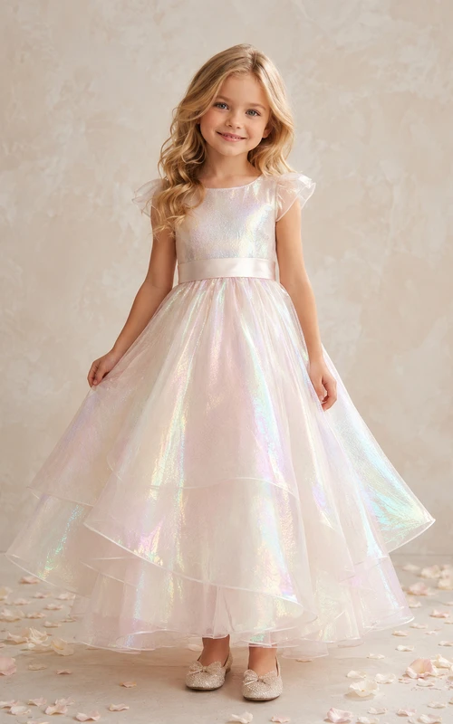Vestido de niña de flores de organza iridiscente de corte A, estilo romántico, con mangas ilusión y escote redondo de brillo suave.