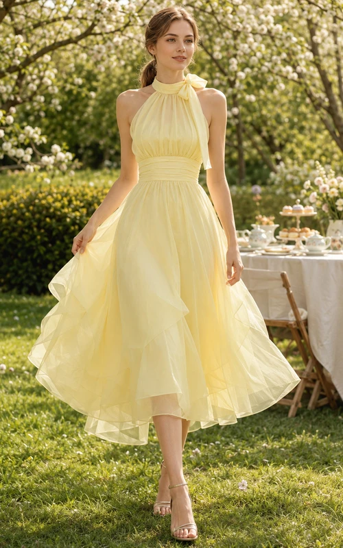 Yellow Halter Pleated Organza Tea Length Garden Dress