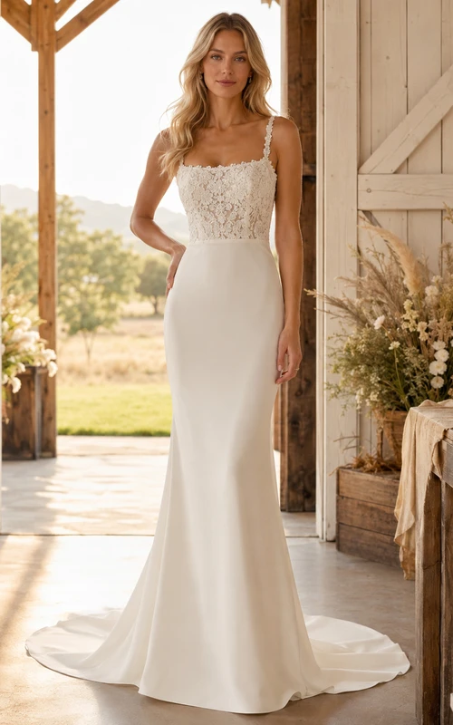 Simple Boho Sheath Lace Bodice Crepe Barn Wedding Dress