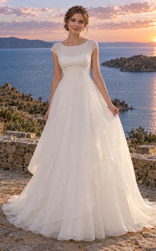 Vestido de novia de organza con escote ilusión, mangas cortas y corte en A, con superposición drapeada.