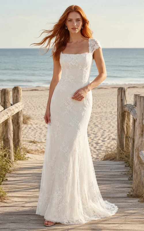 Vestido de novia de encaje ajustado con escote cuadrado y mangas cortas, ideal para la playa.