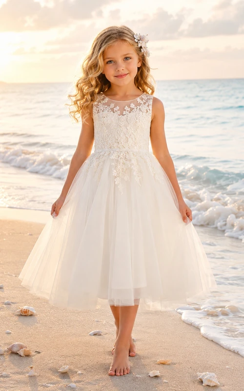 A-Line Flowergirl Lace Tulle Floor-Length Sleeveless Floral Applique Beach Wedding Dress