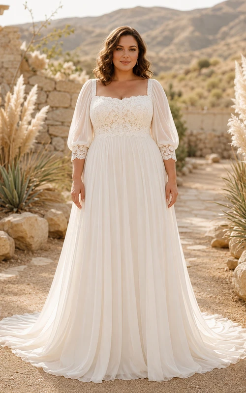 Plus Size Square Neck Long Sleeve Lace A-Line Wedding Dress