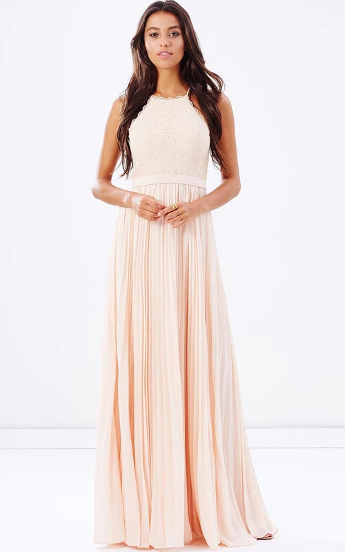 Ärmelloses, plissiertes Spaghetti-Chiffon-Brautjungfernkleid mit Spitze und Bändern
