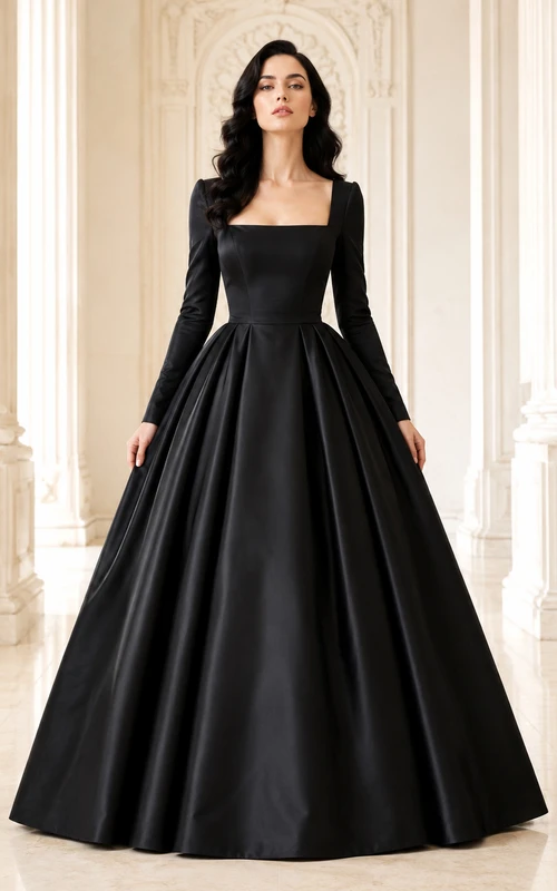 Vestido de fiesta de lujo de satén negro de manga larga con escote cuadrado, estilo Dinastía Noir, largo hasta el suelo.