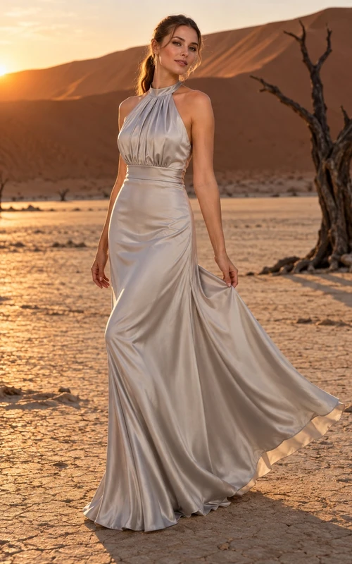 Vestido de novia sencillo de satén plateado sin mangas con cuello alto, escote halter y corpiño fruncido.
