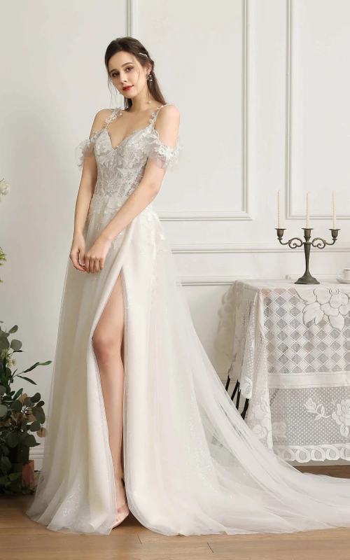 Robe de mariée sexy fendue sur le devant, à bretelles et manches épaules dénudées, avec baleines et applications de dentelle