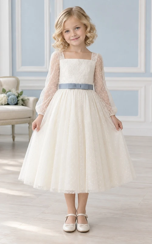 Tea-length Long Sleeve Square Neck Ivory A-line Lace Tulle Blue-sash Flower Girl Dress