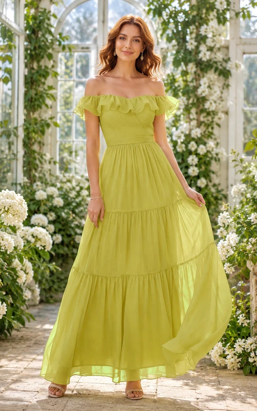 Chartreuse Off Shoulder Tiered Chiffon Floor Length A Line Garden Guest Dress