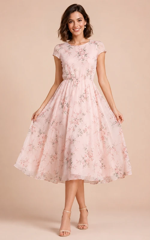 Blush Floral Cap Sleeve Tulle Occasion Tea Dress