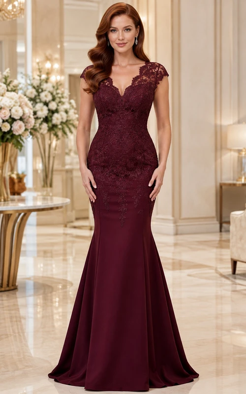 Elegantes burgunderrotes Meerjungfrauenkleid mit V-Ausschnitt, Kappe, Spitze, Illusionsknopfleiste