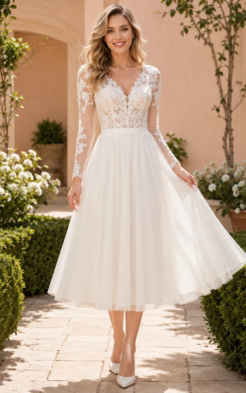 Romantic Civil Tulle A Line V Neck Long Lace Sleeve Tea Wedding Dress