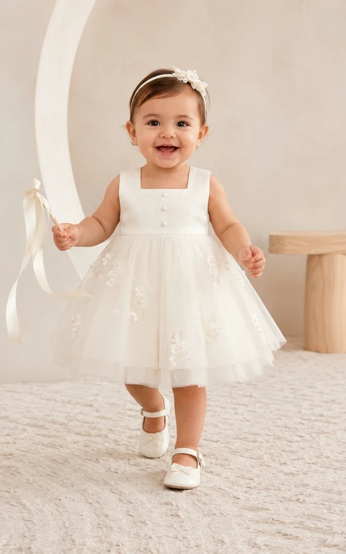 Modern Baby Baptism Christening Ceremony Dress A-Line Knee-Length Square Neck Sleeveless Tulle Button Back
