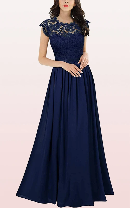 Vestido de dama de honor romántico de gasa con corte en A y bordes festoneados.