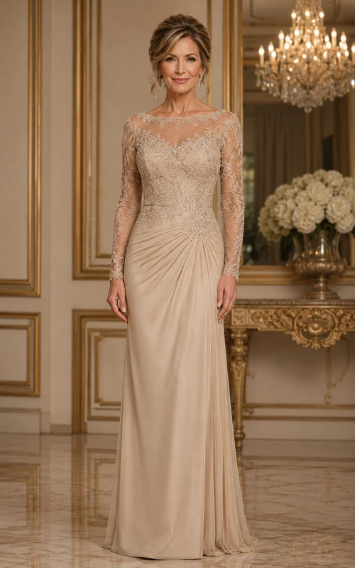 Vestido de novia de manga larga estilo tubo con encaje ilusión color champán para la madre de la novia