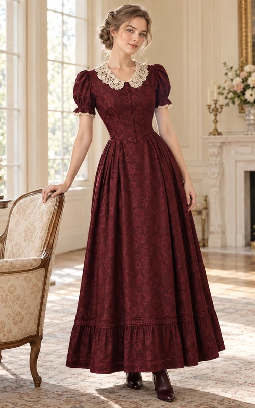 Robe longue de cérémonie victorienne modeste bordeaux à col en dentelle et manches bouffantes