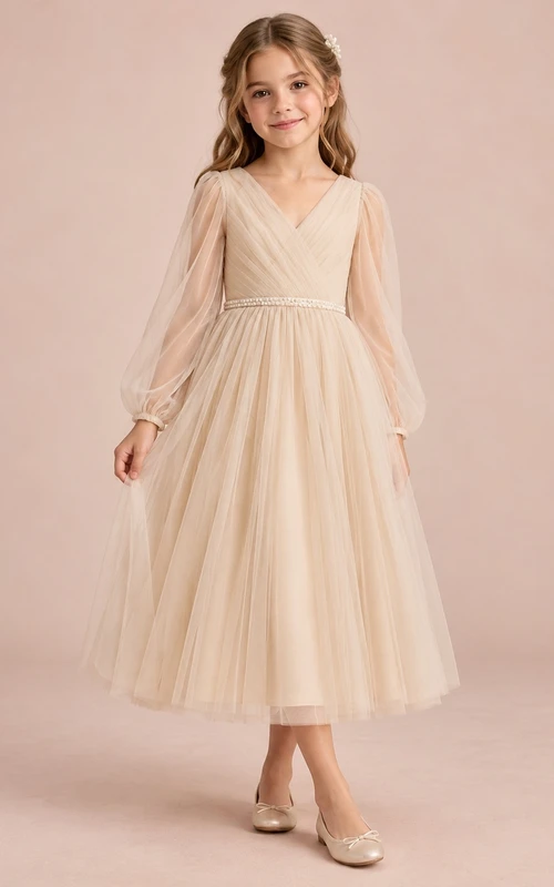 Long Sleeve Champagne V-neck Pleated A-Line Tea-length Tulle Pearl Waist Illusion Flowergirl Dress