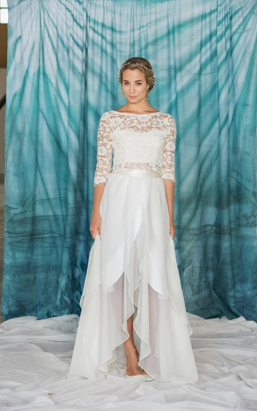 3-4 Sleeve Lace Weddig Vow Renewal Dress With Button