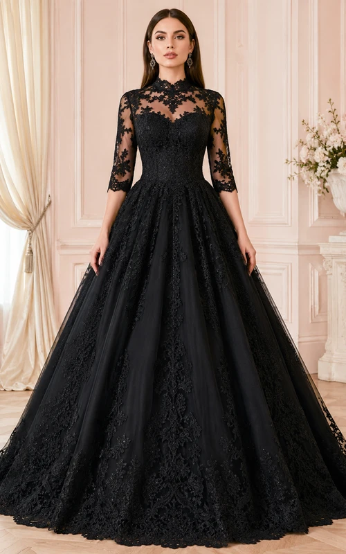 Vestido de gala negro con encaje floral, cuello alto, efecto ilusión, mangas tres cuartos y cola de corte princesa.