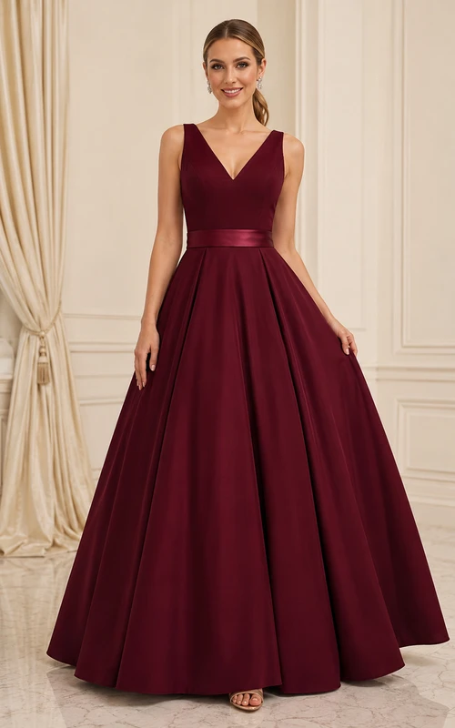 Burgundy Simple Affordable V Neck Strap Satin Sash Quinceanera A-Line Evening Gown