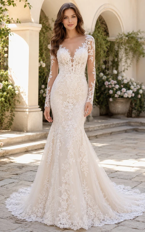 Luxury Lace Wedding Mermaid V Neck Illusion Long Sleeves Chapel Train