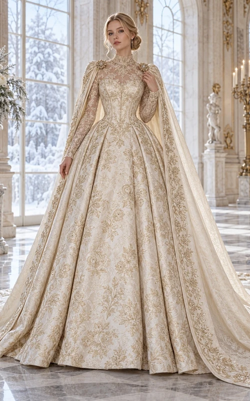 Vestido de novia vintage de cuello alto, manga larga, estampado floral dorado y capa.